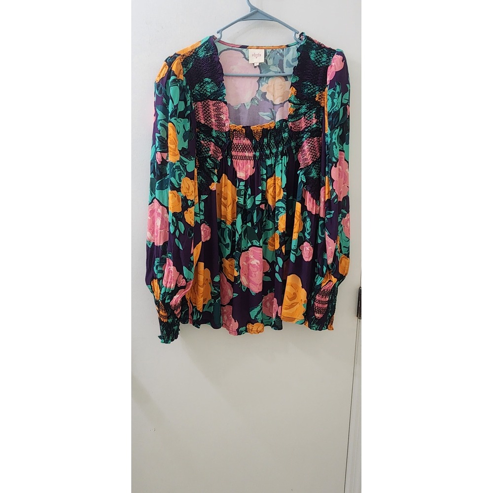 Plenty by Tracyâ Reese Floral Smocked Blouse XL Purple Pink Orange Long Sleeve